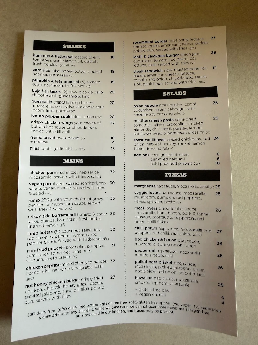 Menu, Rosemount Hotel