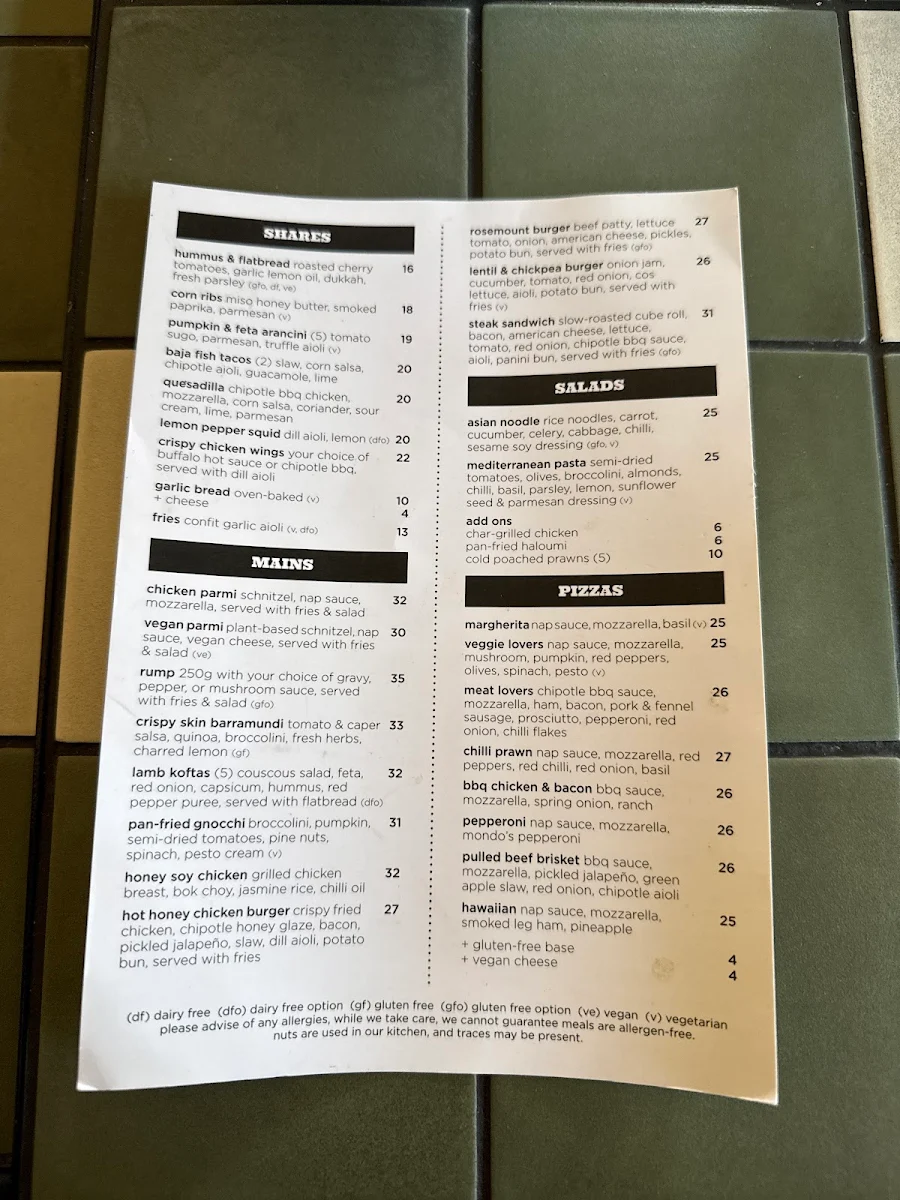 Menu, Rosemount Hotel