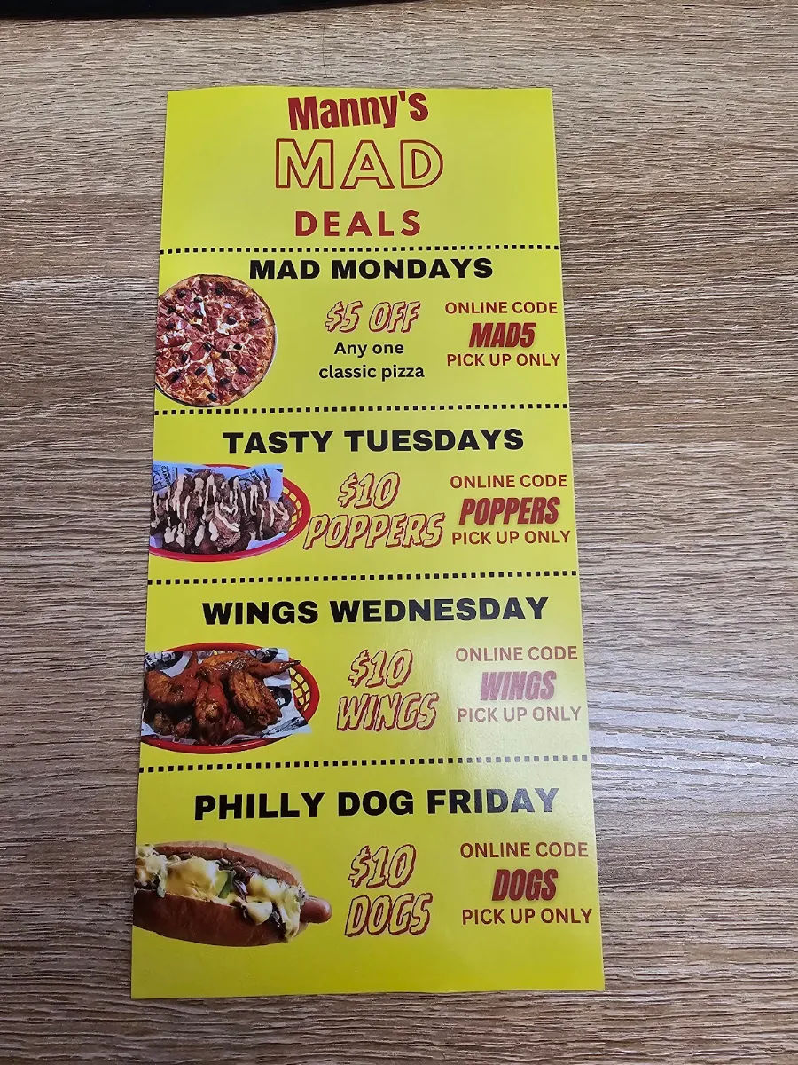 Menu, Manny's Diner Phillys & Pizza (chippendale)