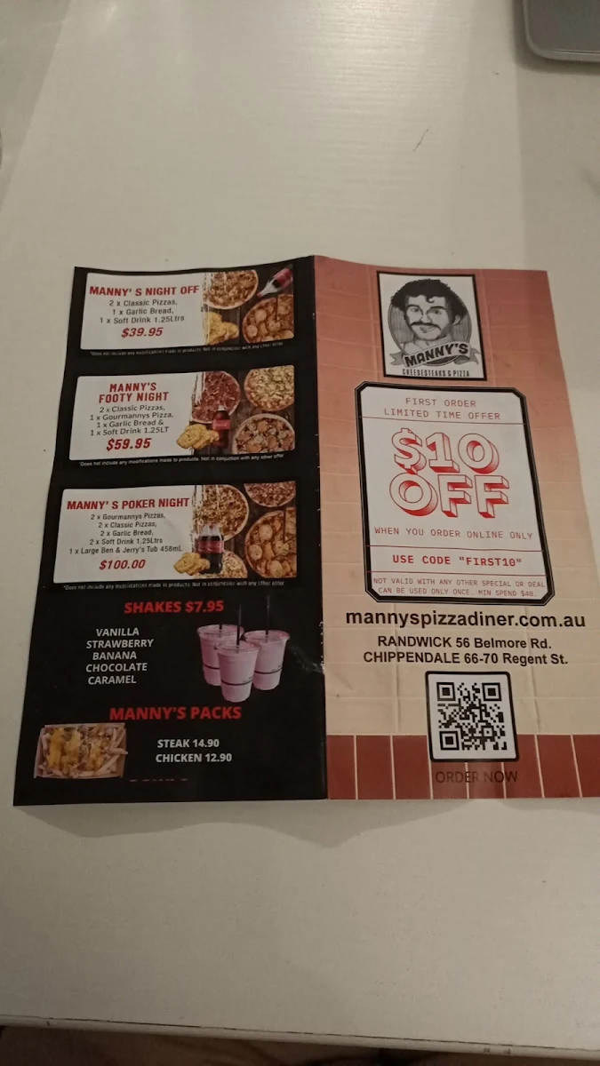 Menu, Manny's Diner Phillys & Pizza (chippendale)