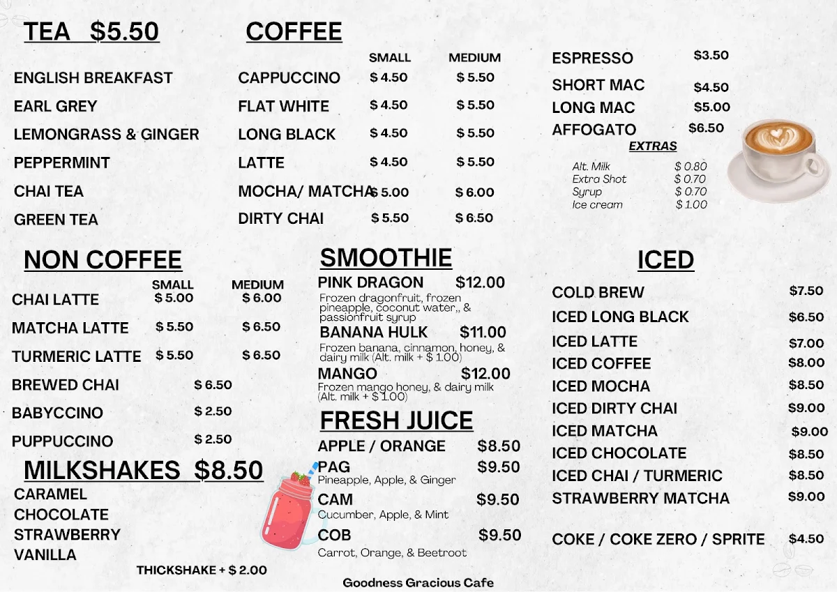 Menu, Goodness Gracious Cafe