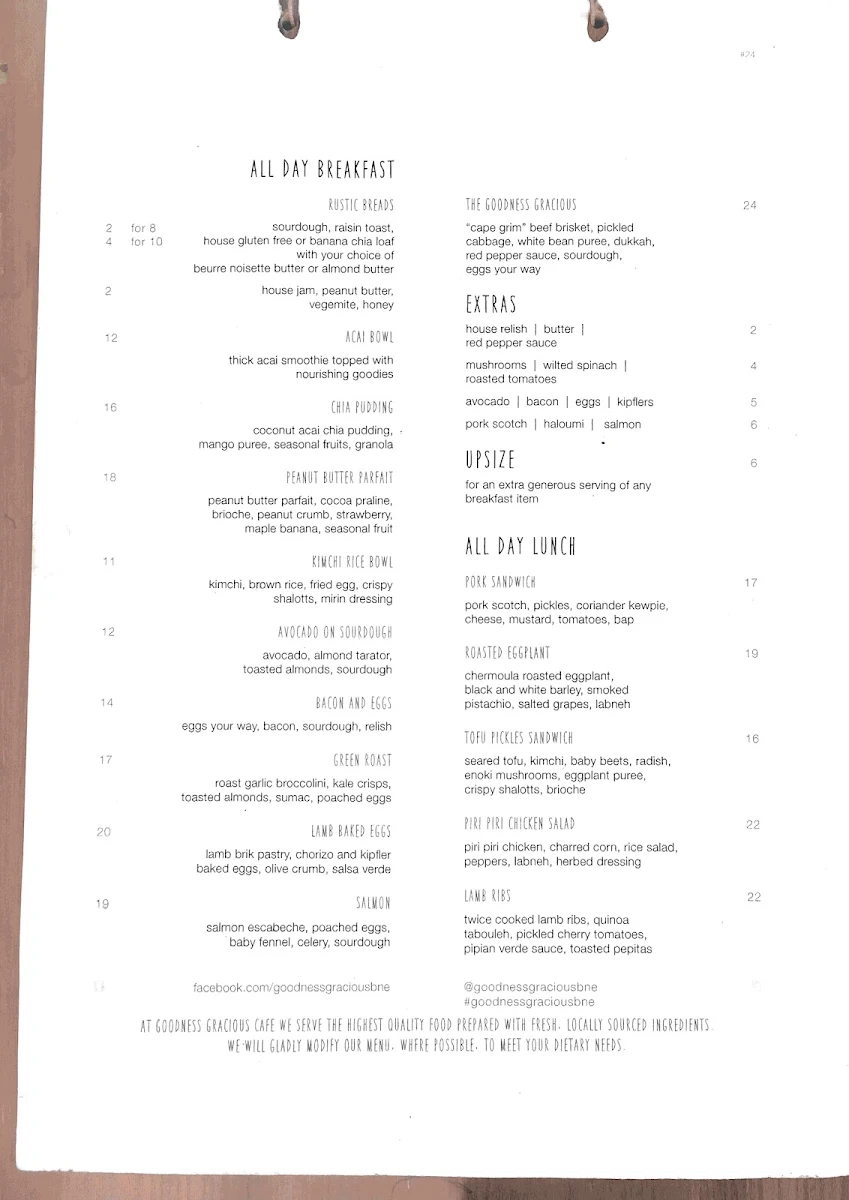 Menu, Goodness Gracious Cafe