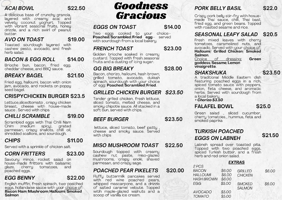 Menu, Goodness Gracious Cafe
