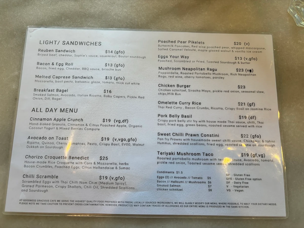 Menu, Goodness Gracious Cafe