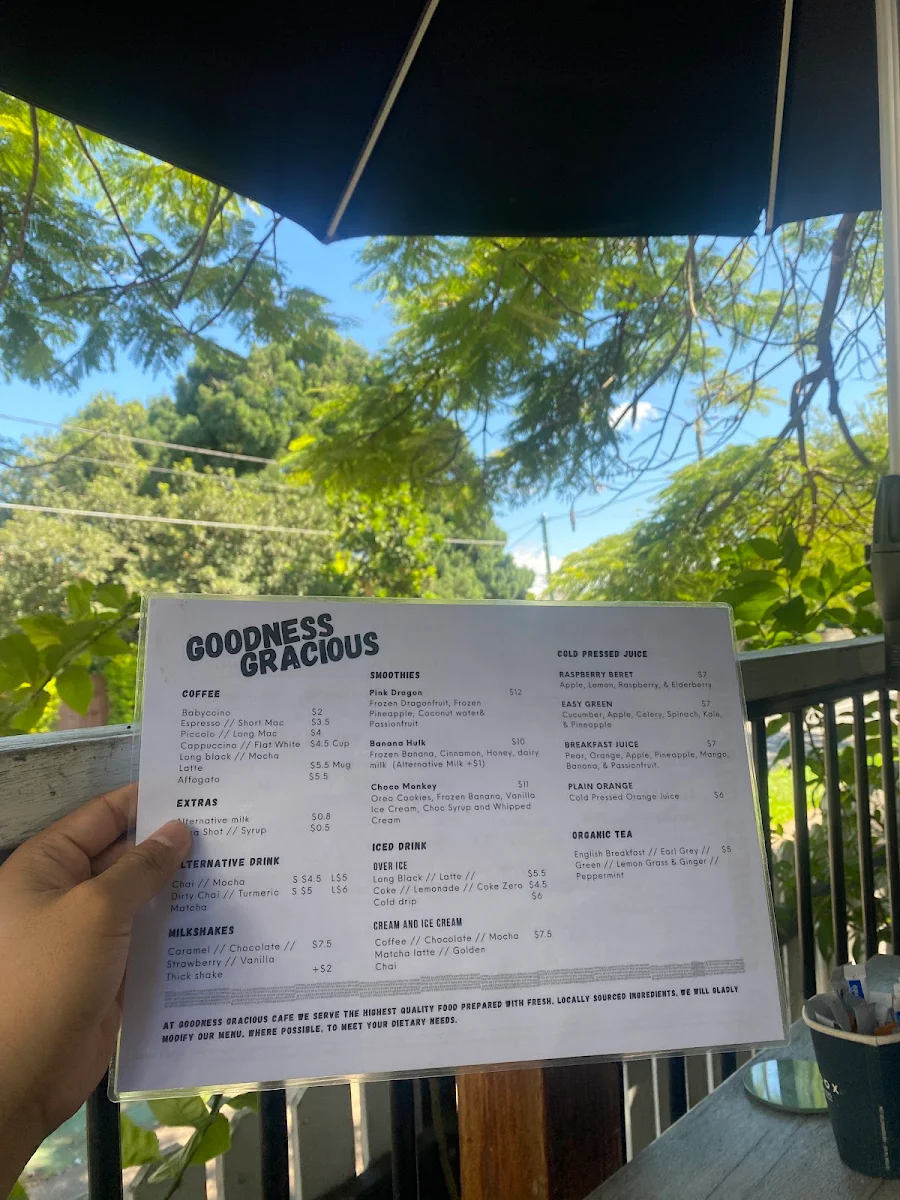 Menu, Goodness Gracious Cafe
