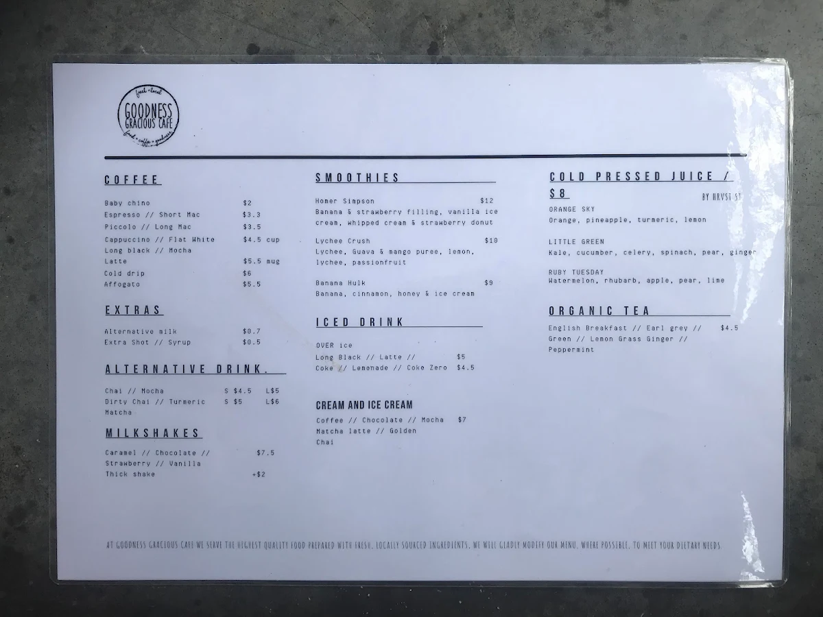 Menu, Goodness Gracious Cafe