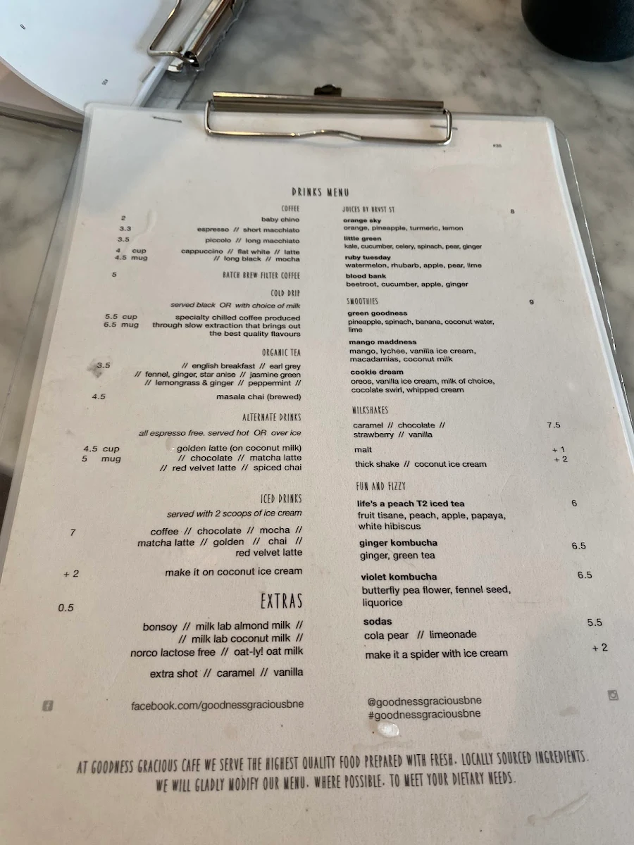Menu, Goodness Gracious Cafe