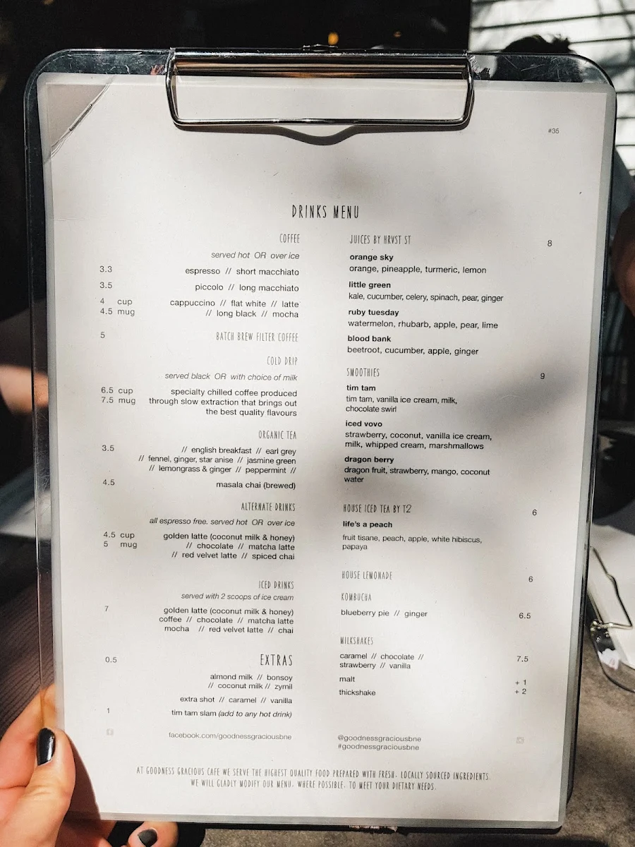 Menu, Goodness Gracious Cafe