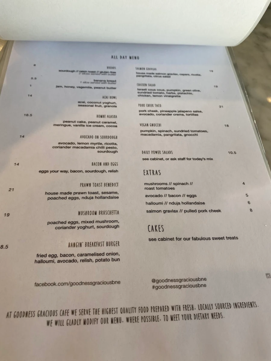 Menu, Goodness Gracious Cafe