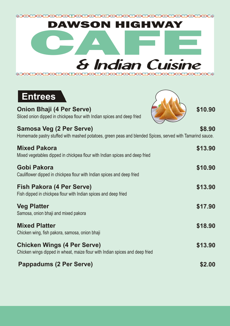 Menu, Dawson Highway Cafe & Indian Cuisine