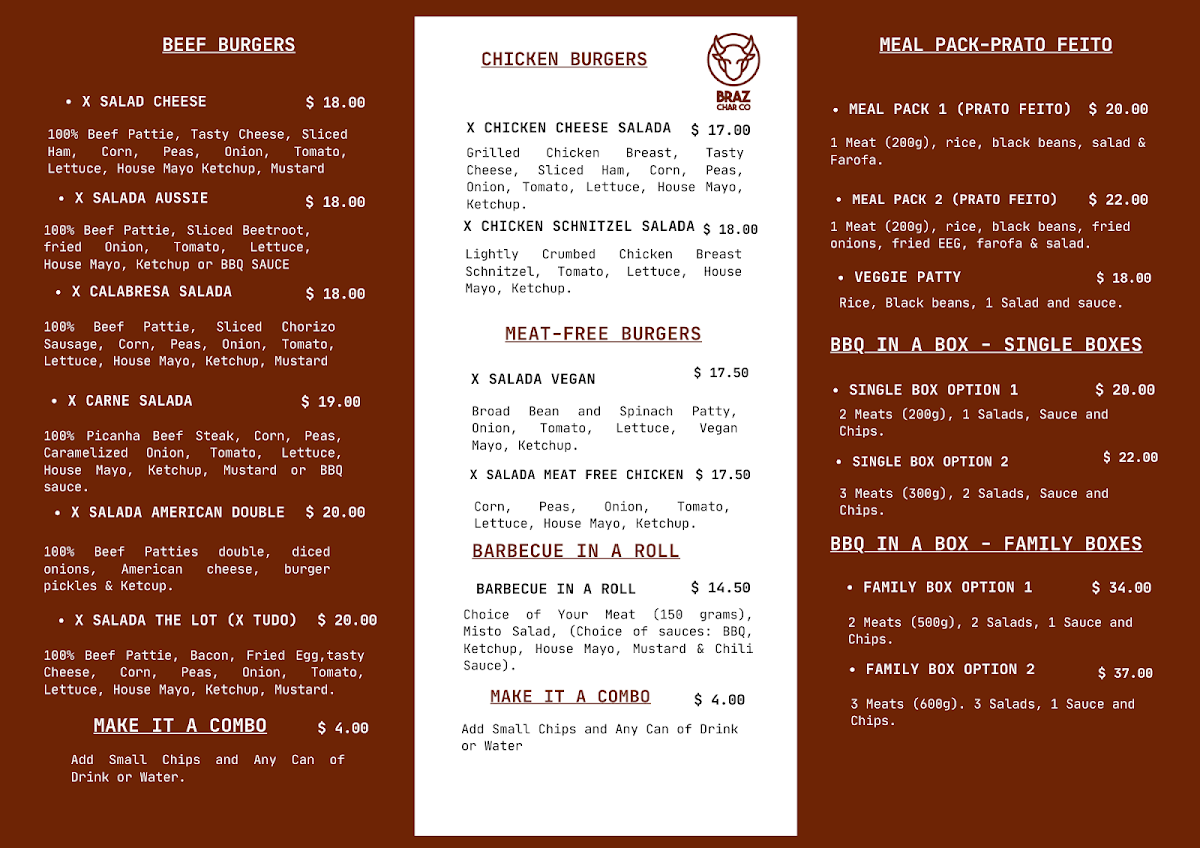 Menu, Braz Char Co