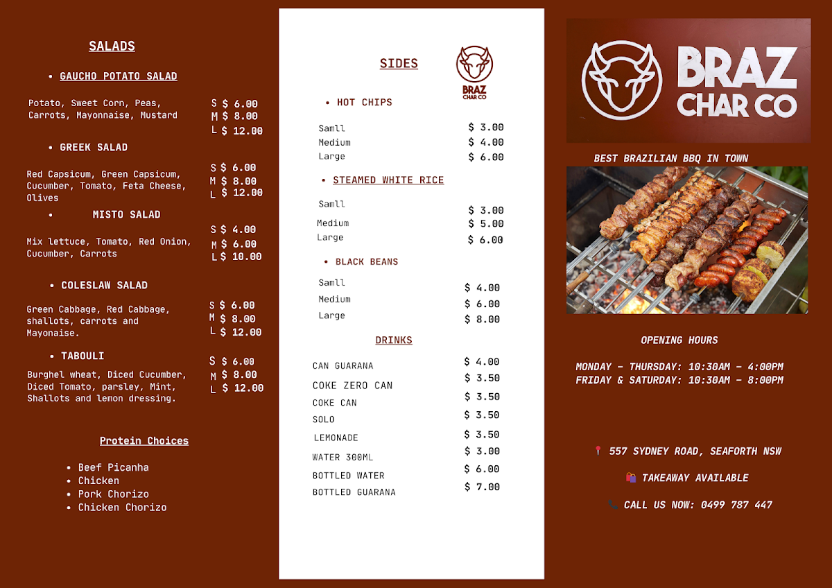 Menu, Braz Char Co