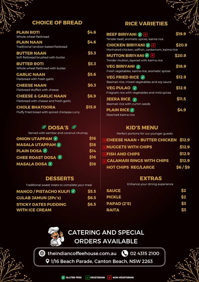 Menu, Indian Coffee House and Restaurant