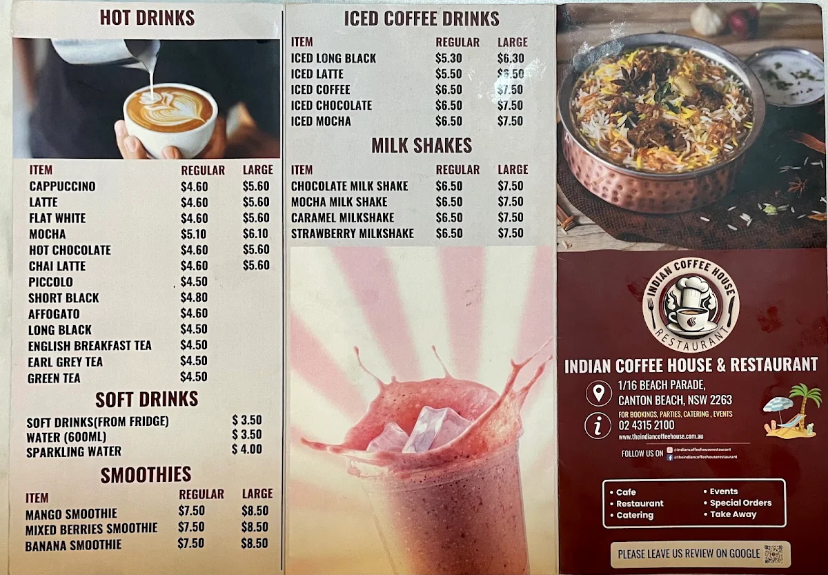 Menu, Indian Coffee House and Restaurant