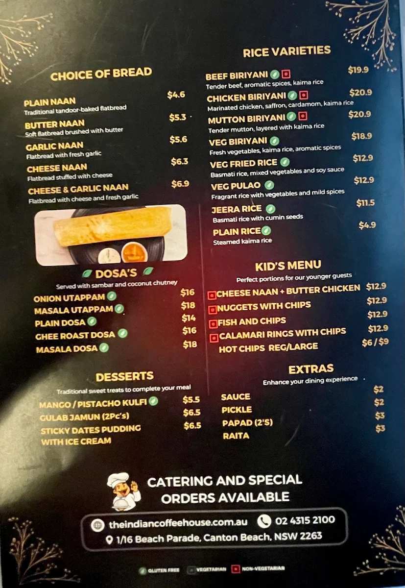 Menu, Indian Coffee House and Restaurant