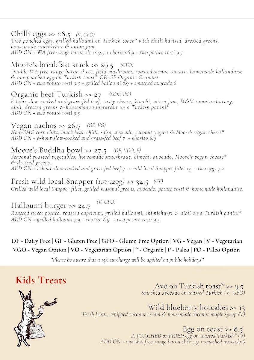 Menu, Moore & Moore Cafe