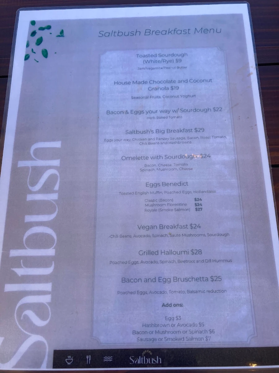Menu, Saltbush Bar & Grill
