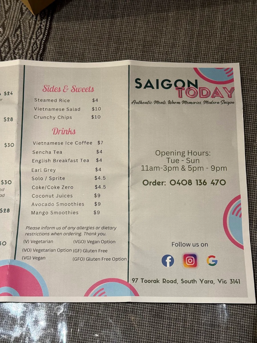Menu, Saigon Today