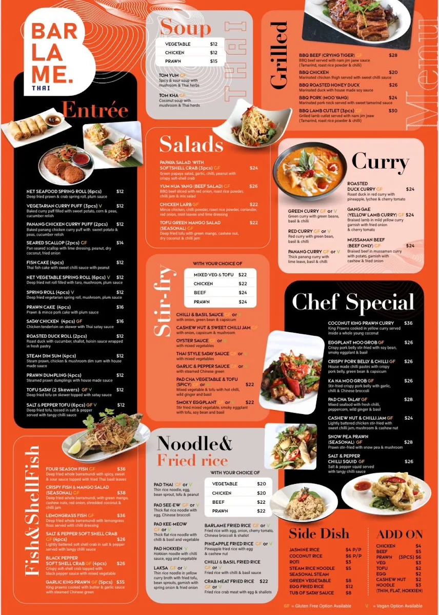 Menu, Barlame Thai Restaurant