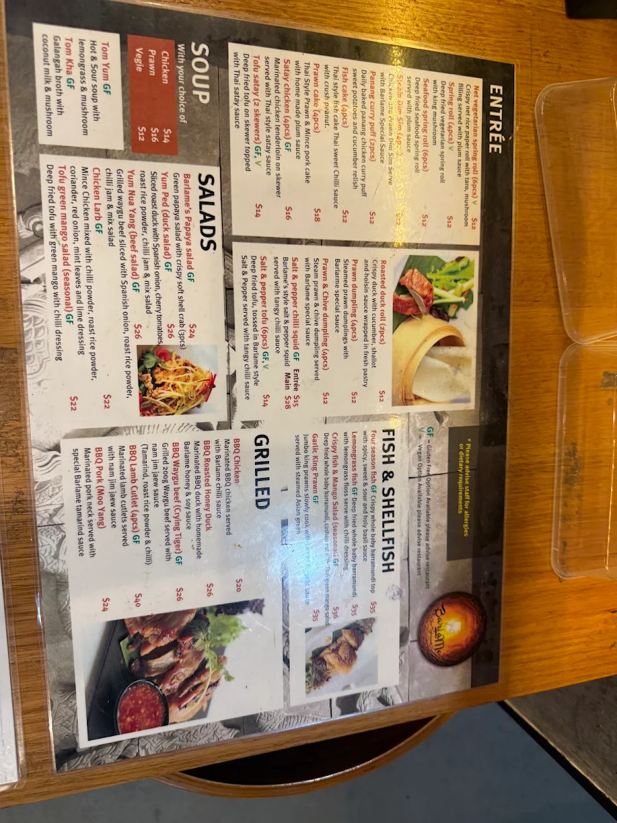 Menu, Barlame Thai Restaurant