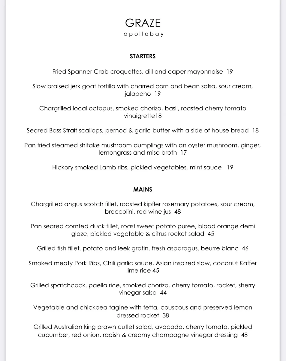 Menu, Graze Apollo Bay