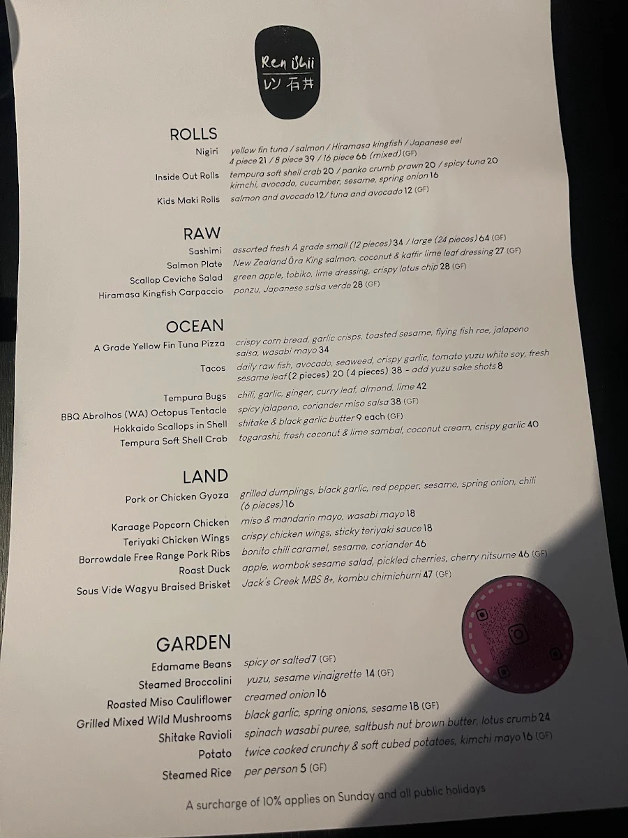 Menu, Ren Ishii Restaurant