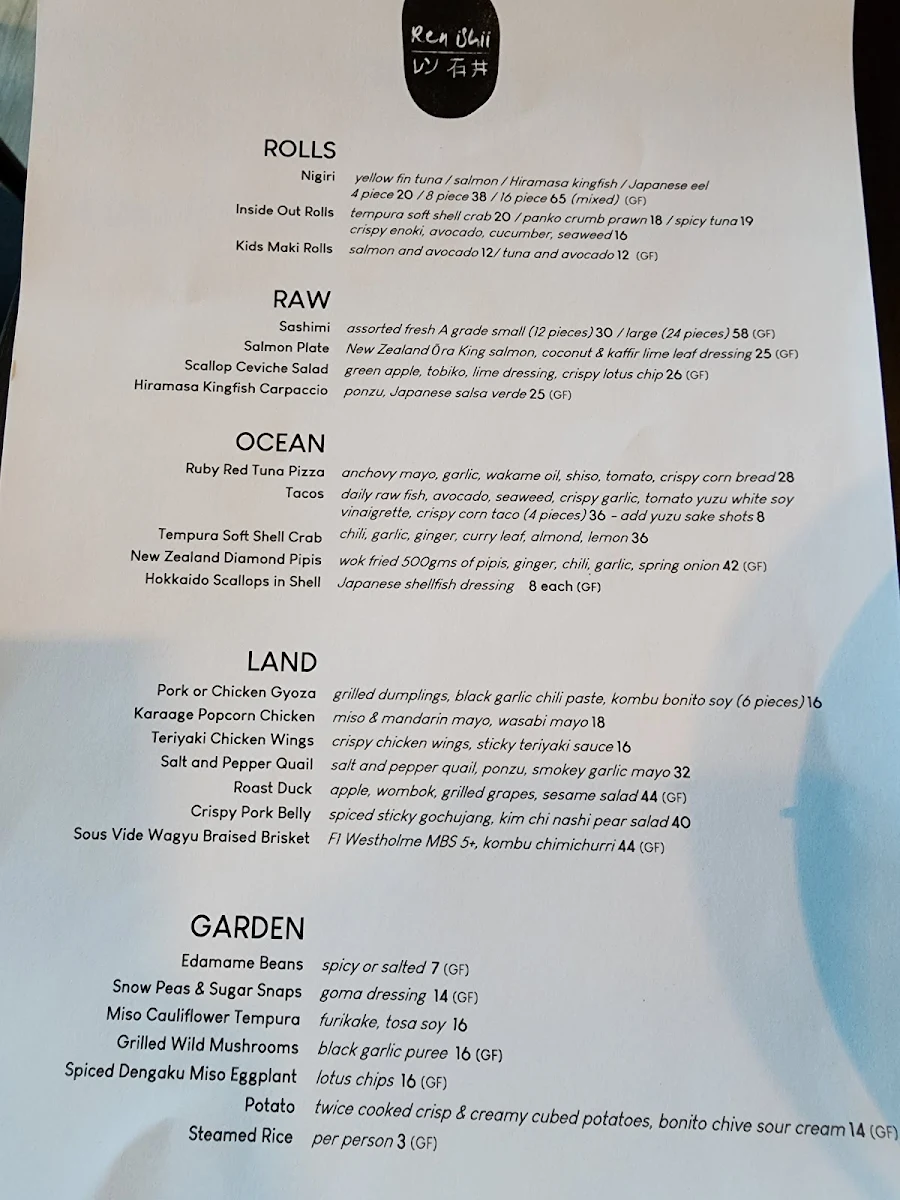 Menu, Ren Ishii Restaurant