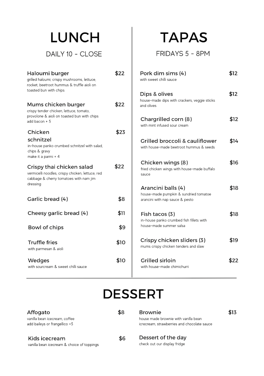 Menu, Rival Brothers Mount Barker