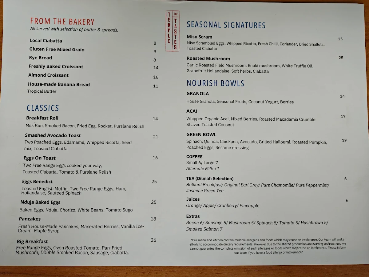 Menu, Temple of Tastes Restaurant