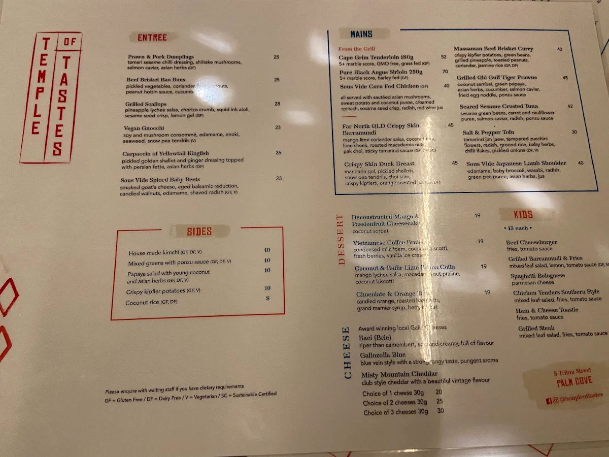 Menu, Temple of Tastes Restaurant