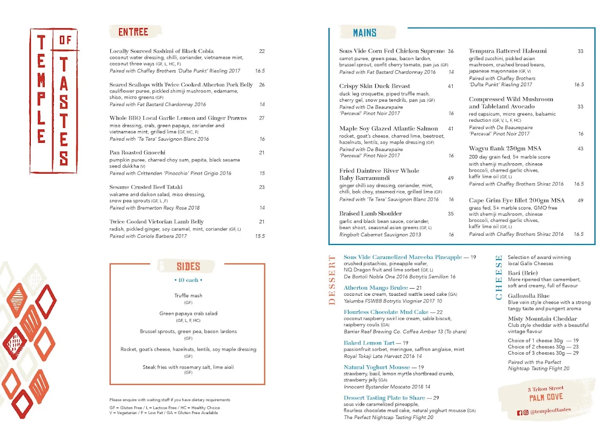 Menu, Temple of Tastes Restaurant