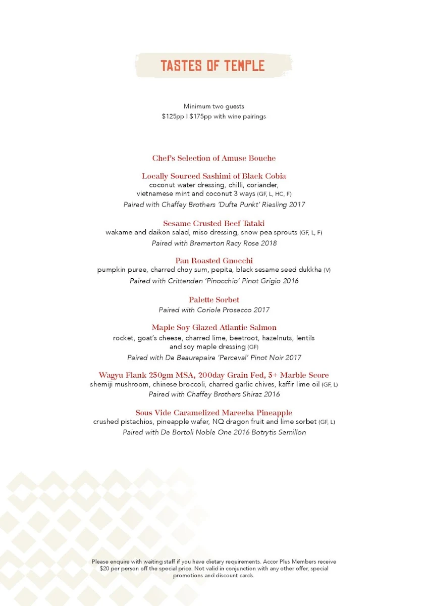 Menu, Temple of Tastes Restaurant