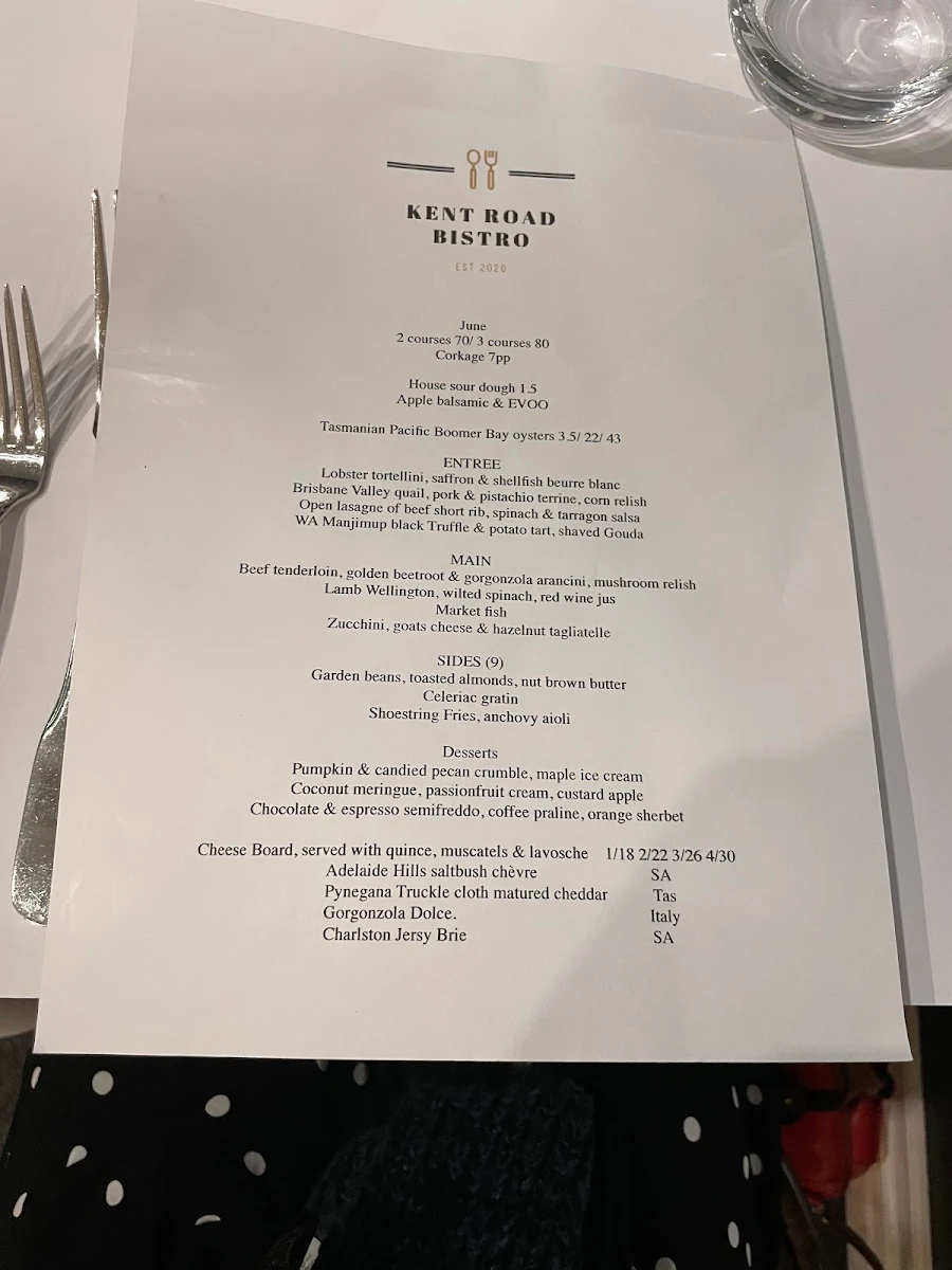 Menu, Kent Road Bistro