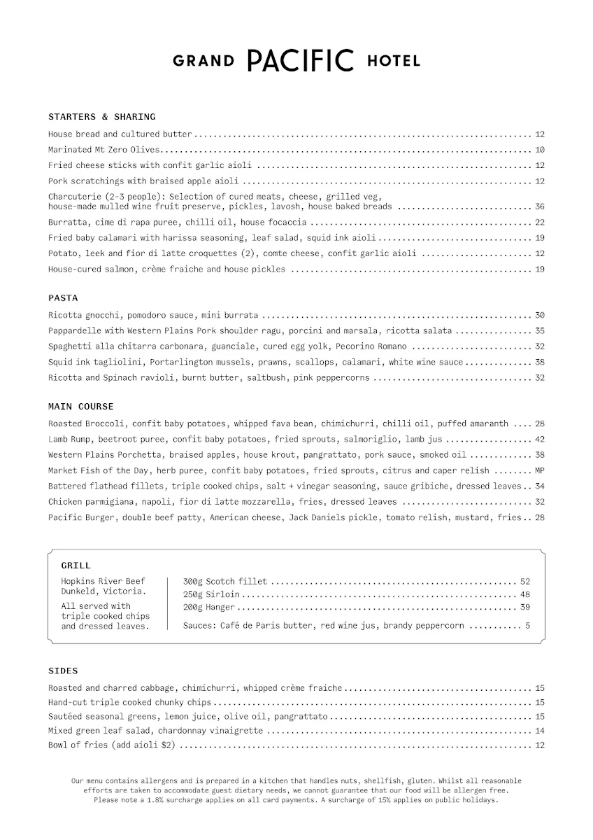 Menu, Grand Pacific Hotel Lorne