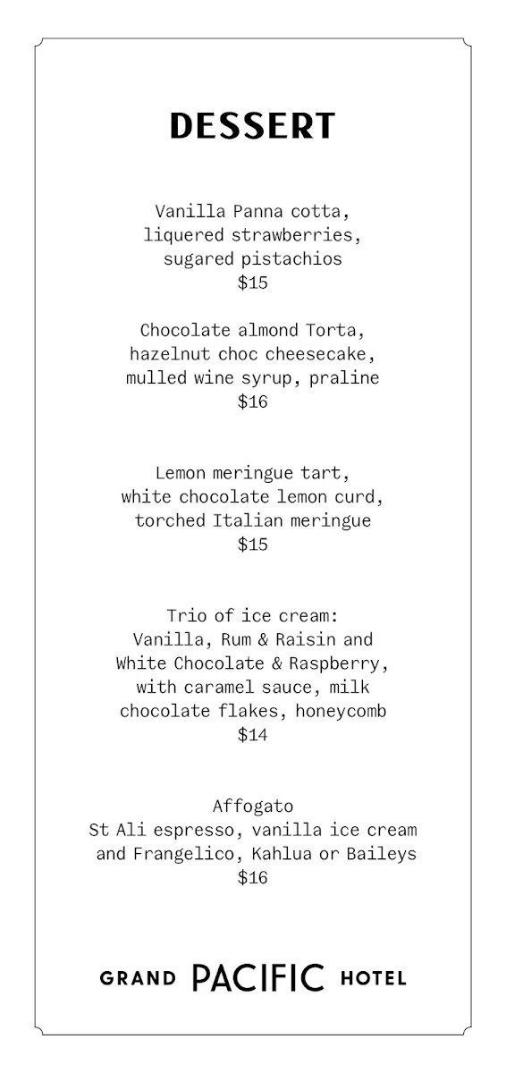 Menu, Grand Pacific Hotel Lorne