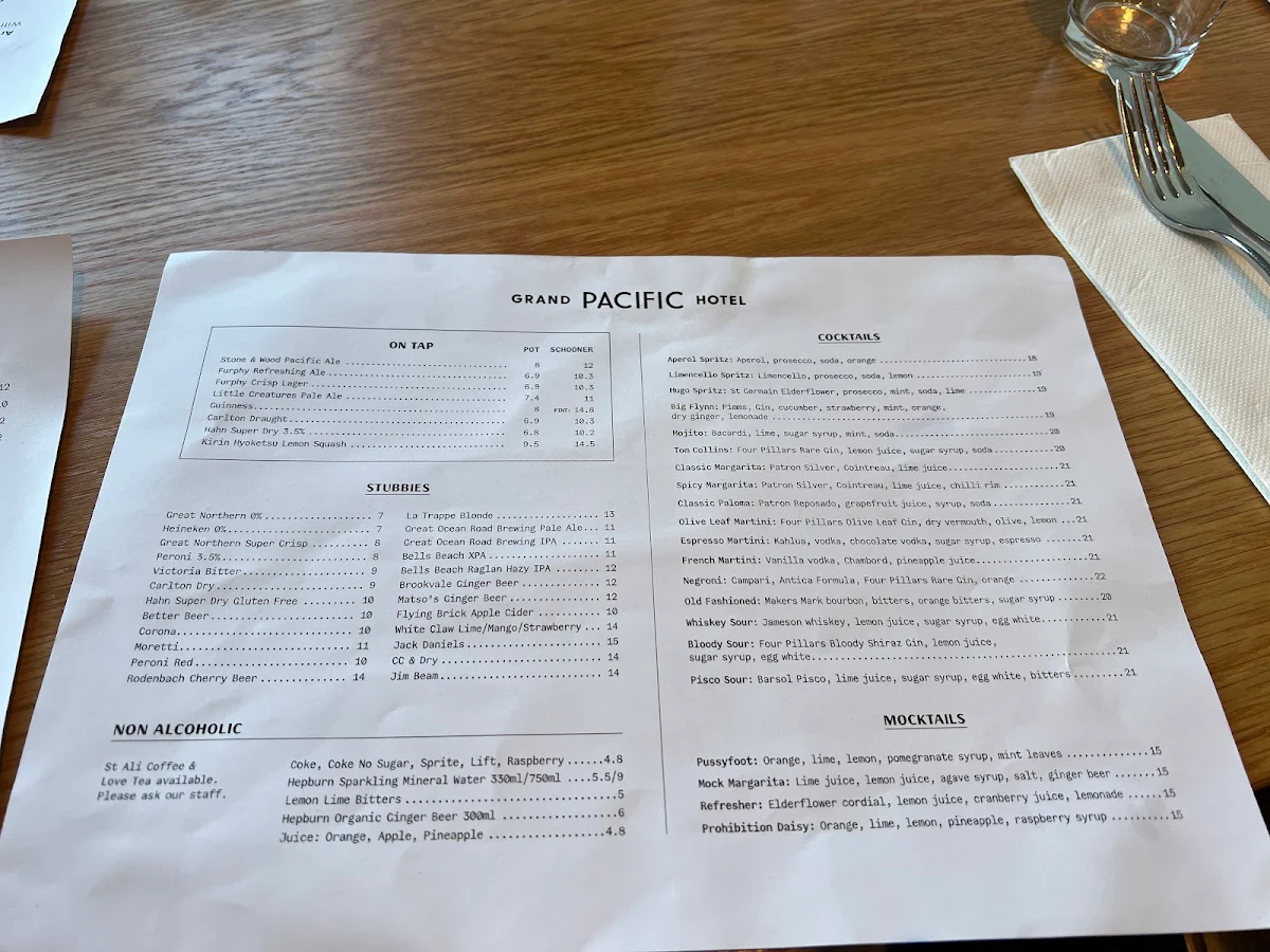 Menu, Grand Pacific Hotel Lorne