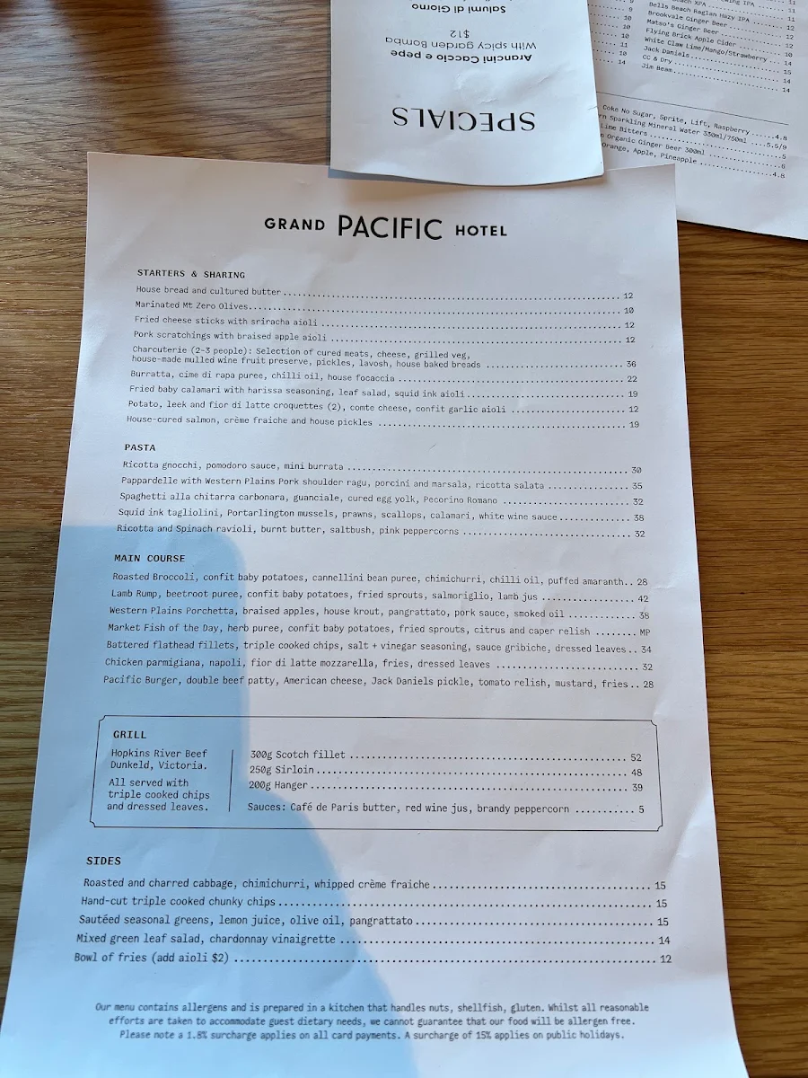 Menu, Grand Pacific Hotel Lorne