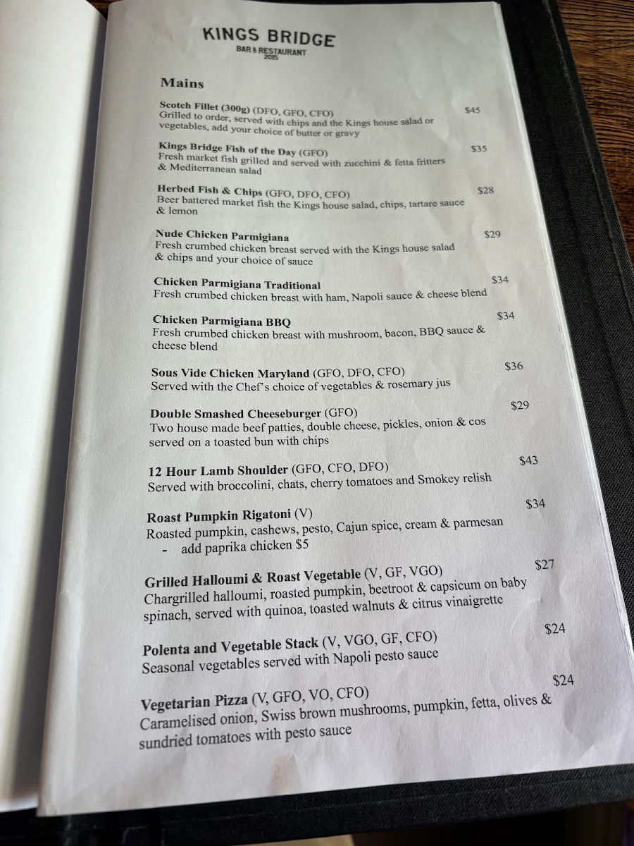 Menu, Kings Bridge Bar & Restaurant