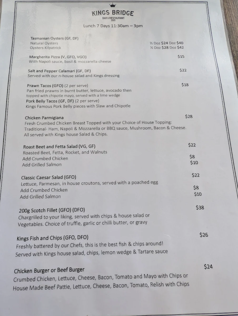 Menu, Kings Bridge Bar & Restaurant