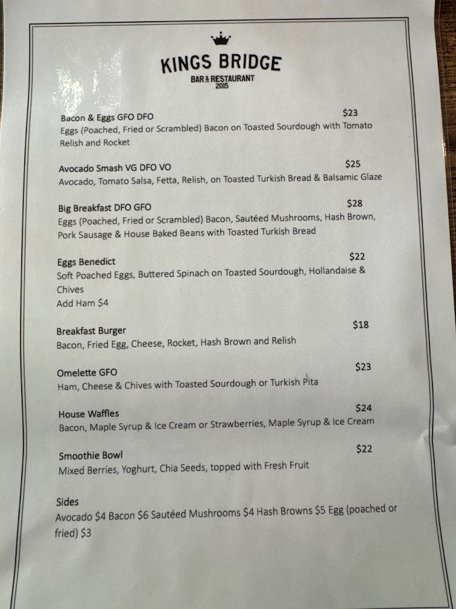 Menu, Kings Bridge Bar & Restaurant