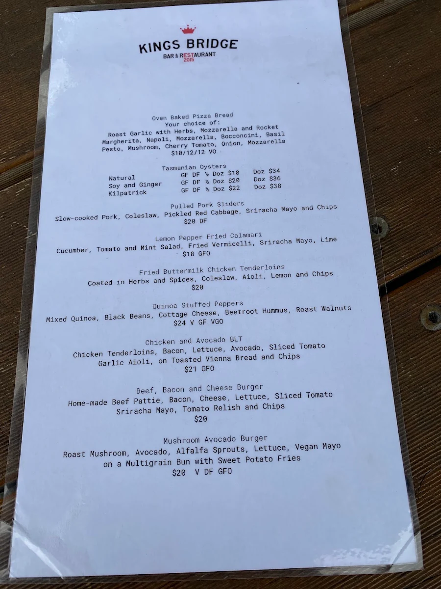 Menu, Kings Bridge Bar & Restaurant