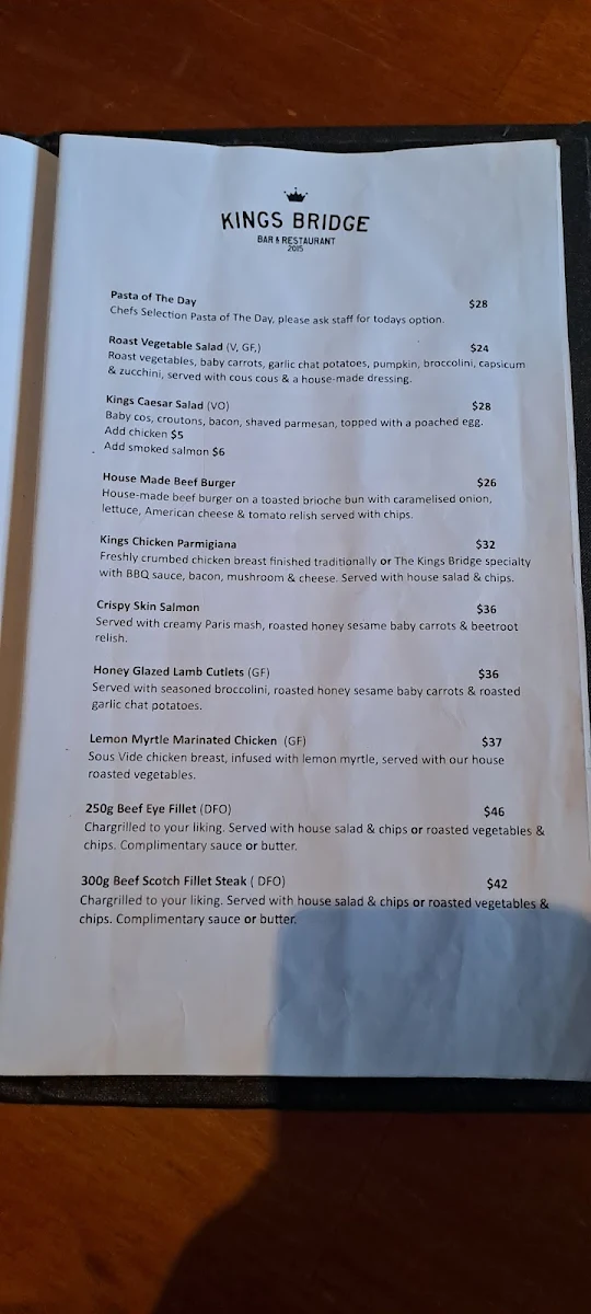 Menu, Kings Bridge Bar & Restaurant