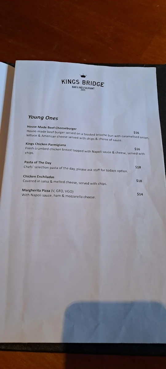 Menu, Kings Bridge Bar & Restaurant