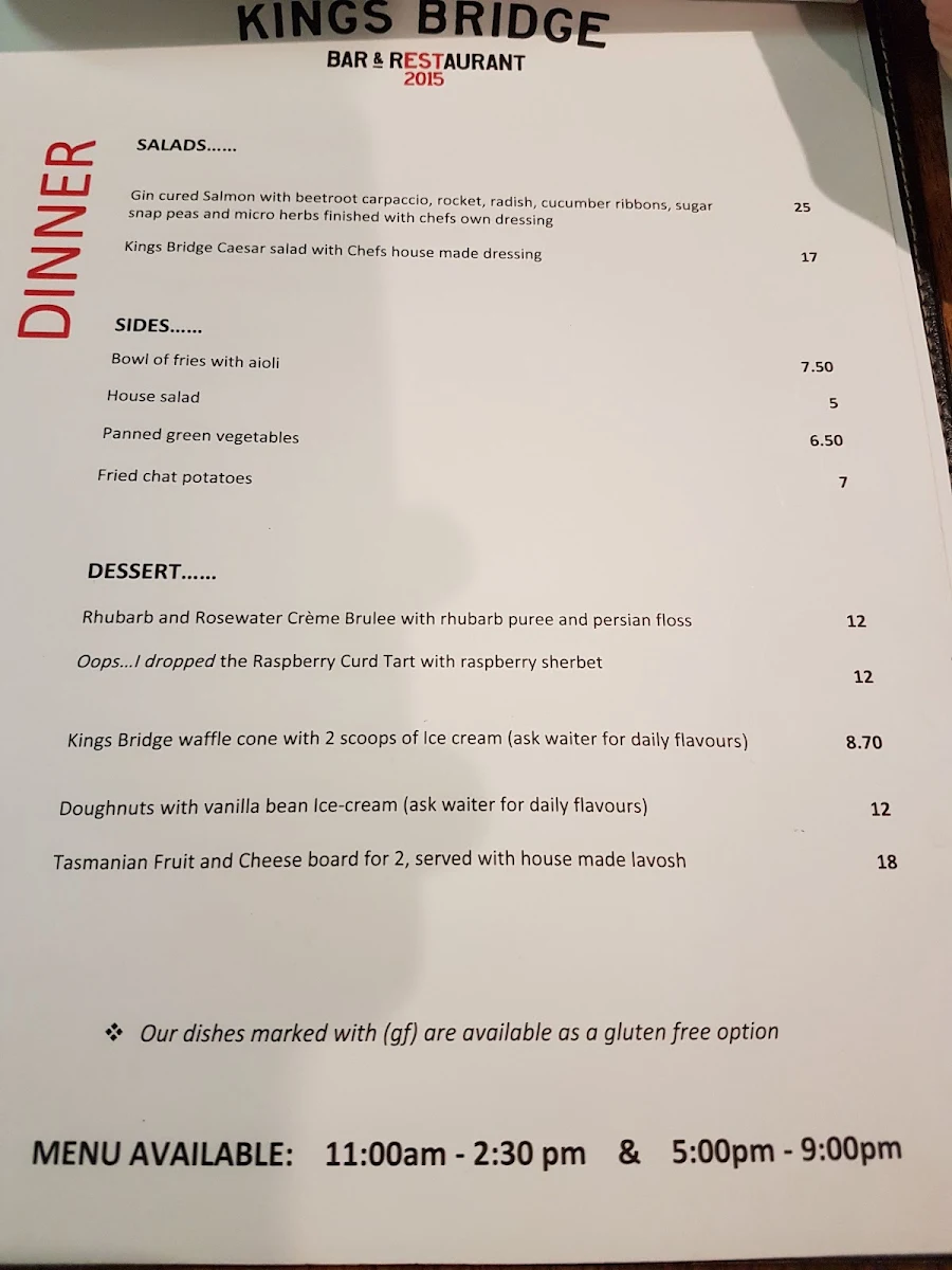 Menu, Kings Bridge Bar & Restaurant