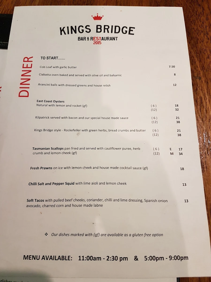 Menu, Kings Bridge Bar & Restaurant