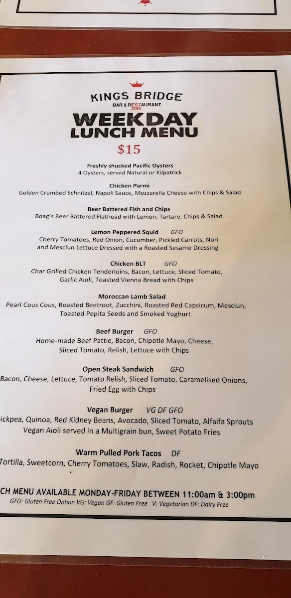 Menu, Kings Bridge Bar & Restaurant