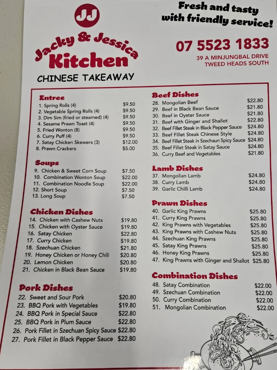 Menu, Jacky and Jessicas kitchen