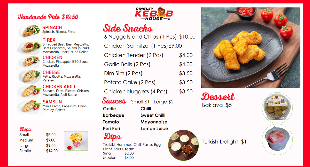 Menu, Dingley Kebab House