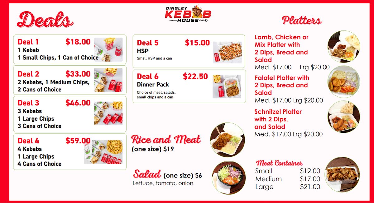 Menu, Dingley Kebab House