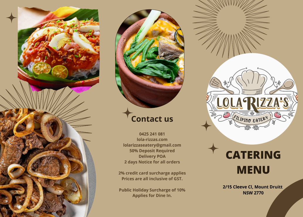 Menu, Lola Rizza's Filipino Eatery